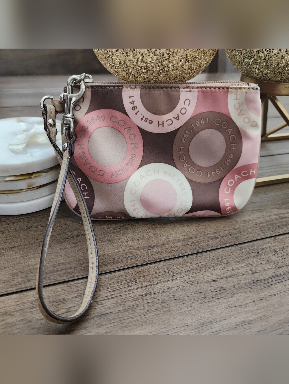 Coach Beige/Pink Leather Wrist Strap with Silver Hardware